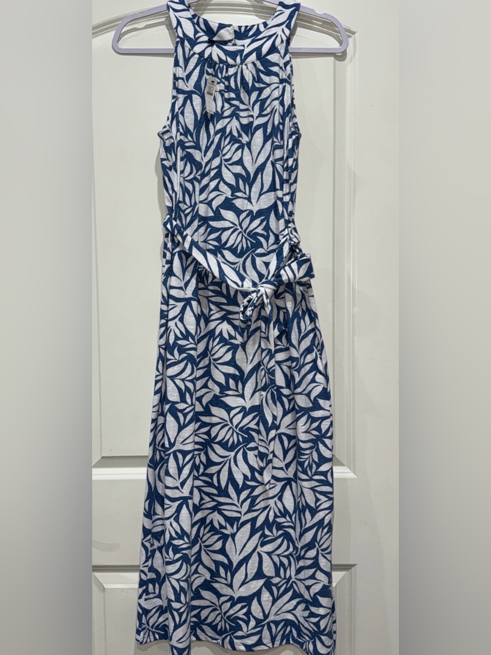 Women's Tabolts Blue and White Leaf Print Tie-Waist Dress Cotton